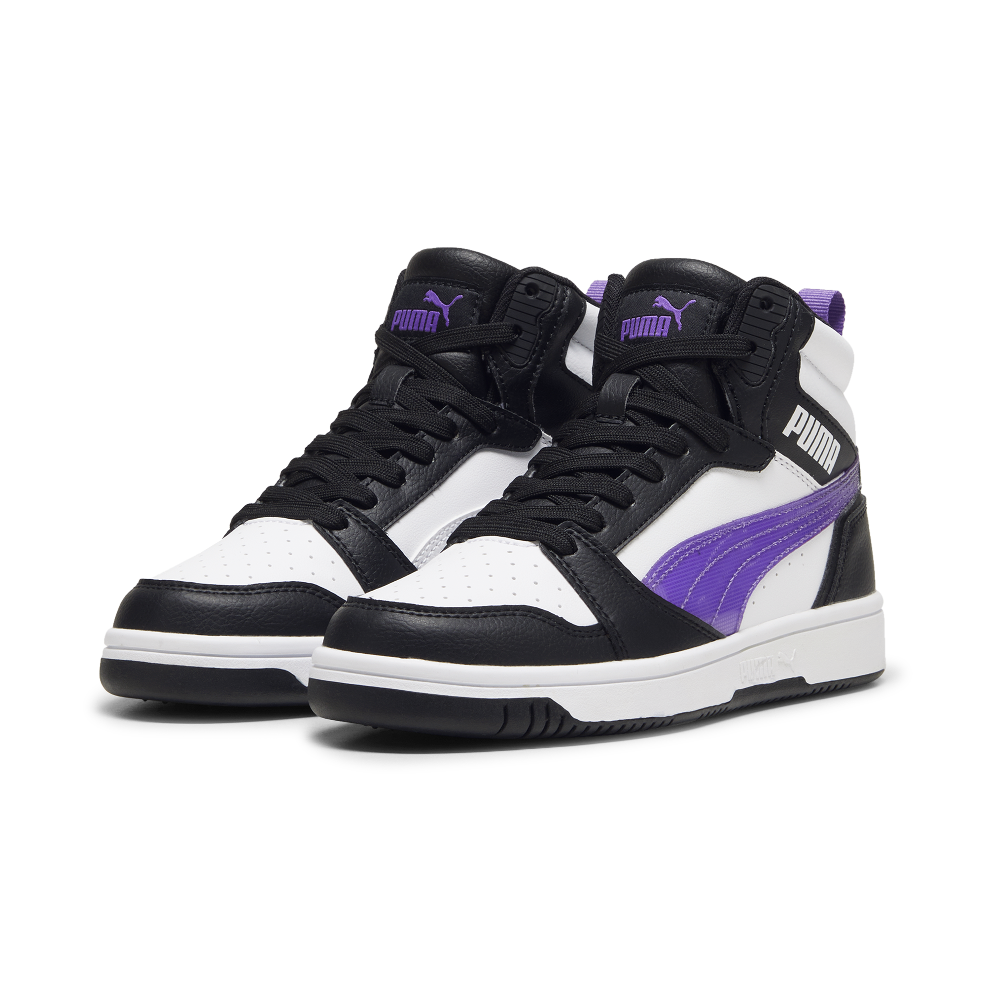 Sneakers alte bianche da ragazza con dettagli viola e neri Puma Rebound v6 Mid Deep Dive Jr, Brand, SKU s352500245, Immagine 0